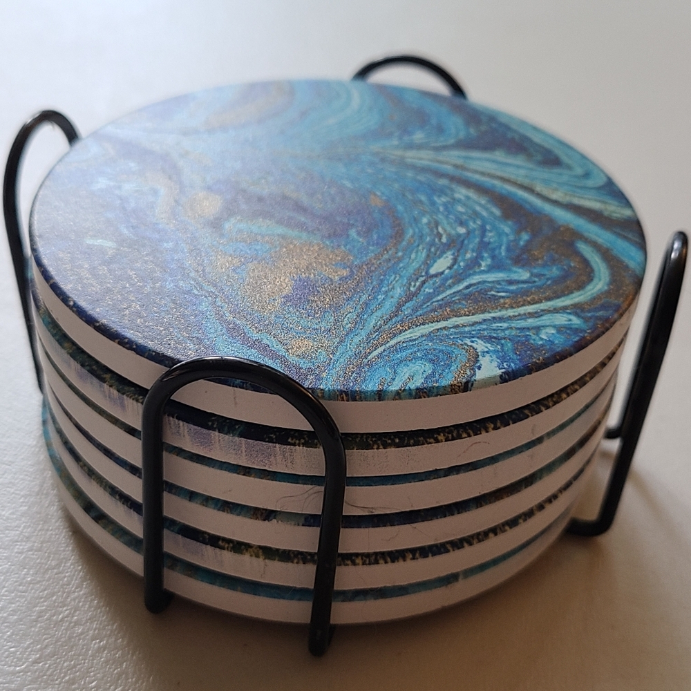 Coaster Set Blue & Gold Metallic Abstract Swirl Six 4" Round Ceramic & Cork